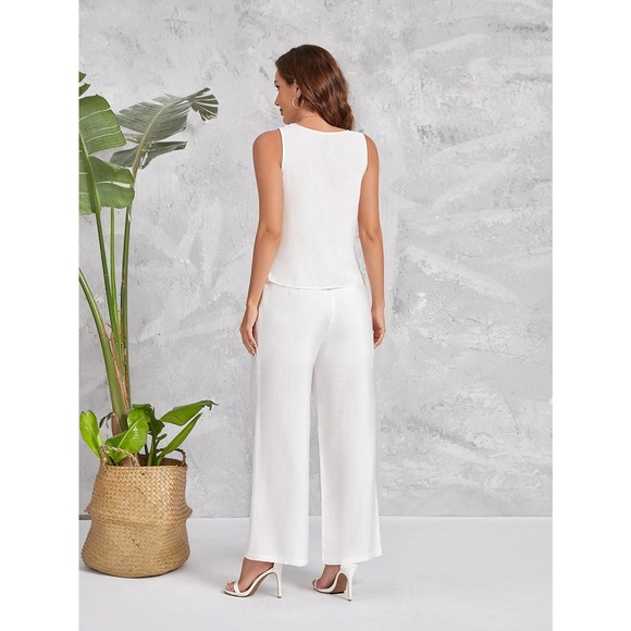 2 piece set: Cut Out Side Tank Top & Drawstring Waist Wide Leg Pants white - Picture 2 of 5